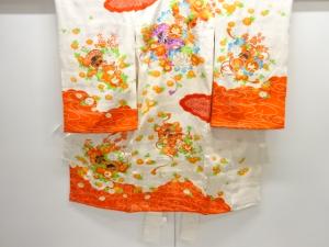 アンティーク　絞り鼓に草花模様刺繍着物(内袖・長襦袢付き)